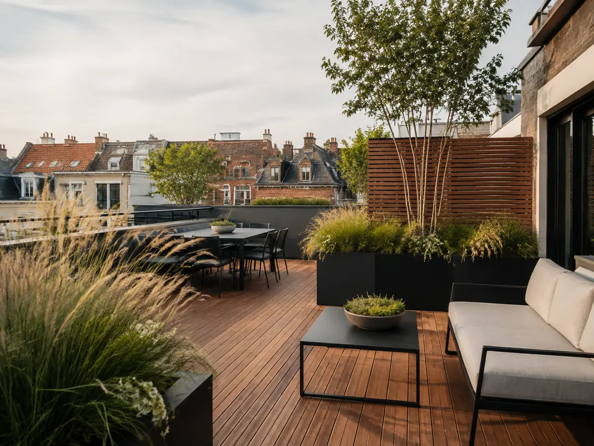 Houten dakterras met beplanting in de stad