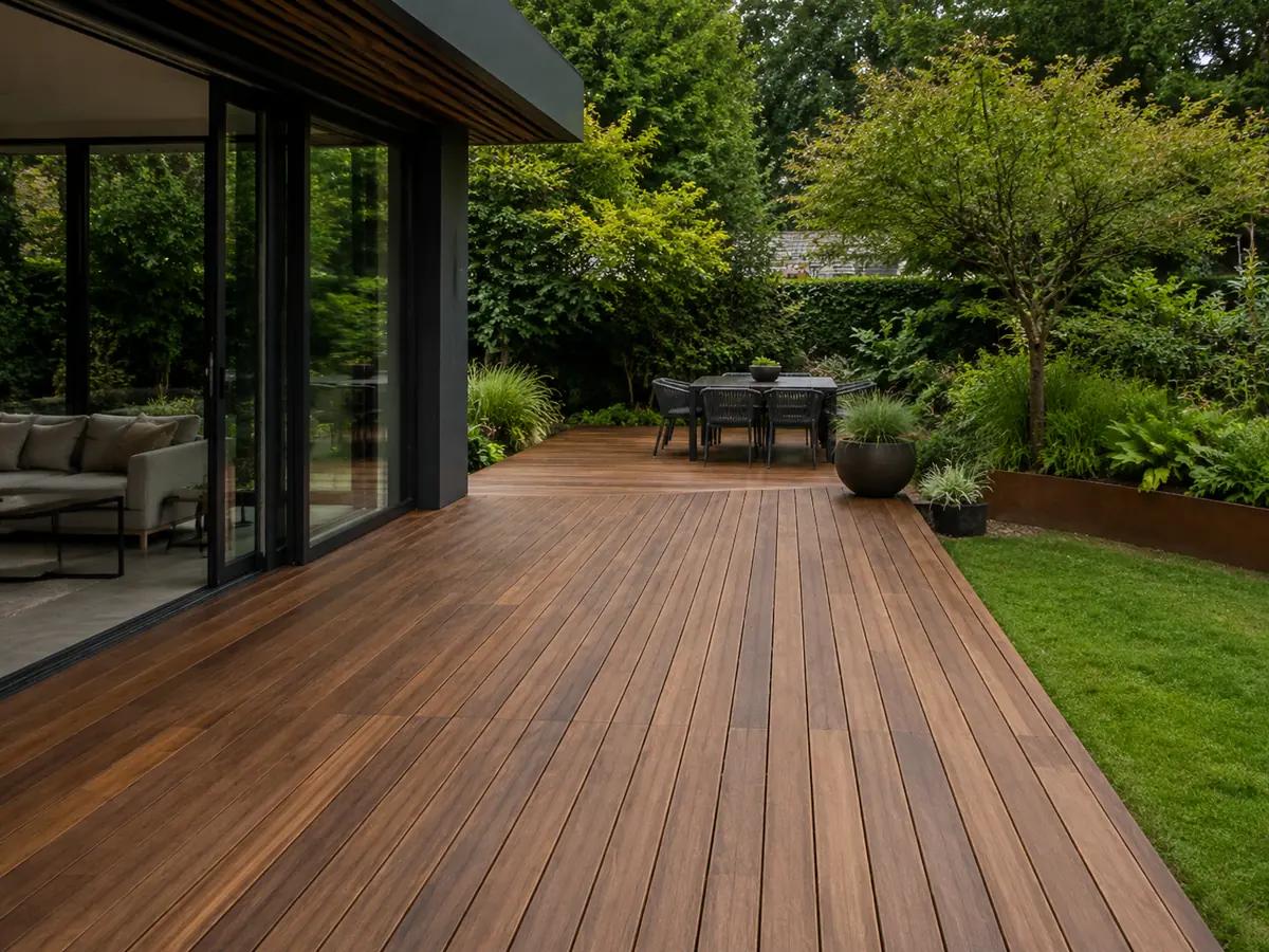 Hardhouten terras in een groene Belgische tuin