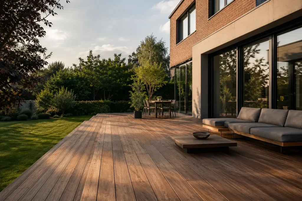 Modern hardhouten terras bij een Belgische woning