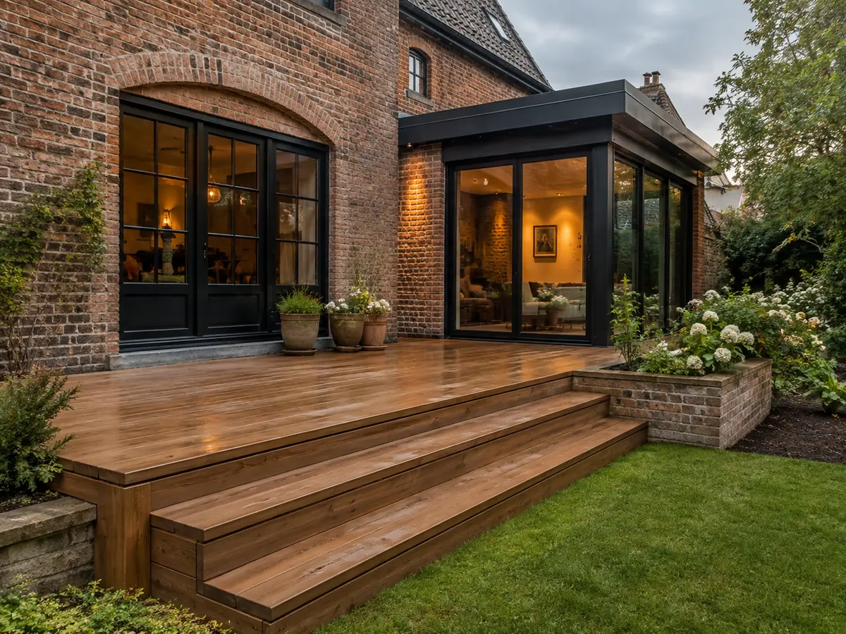 Gerenoveerd houten terras met brede traptreden