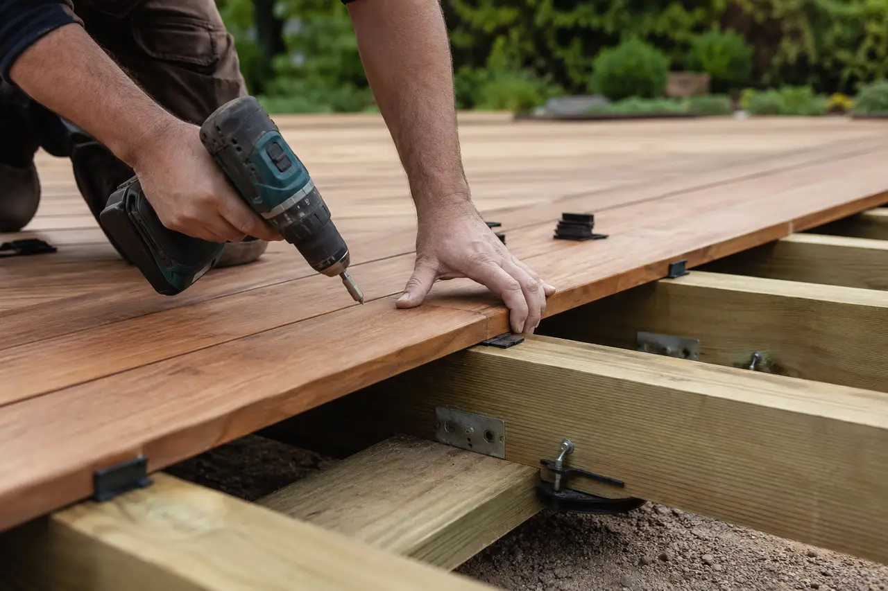 Plaatsing van houten terrasplanken op een geventileerde onderconstructie